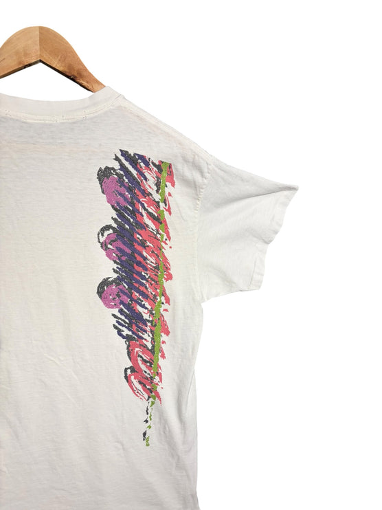 OutOf10 vintage white Nike t-shirt featuring a vertical abstract brushstroke graphic in pink, purple, and green.