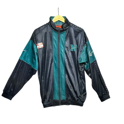 OutOf10 vintage Nike full zip track jacket in black and teal with embroidered N logo and star pattern sleeve details.