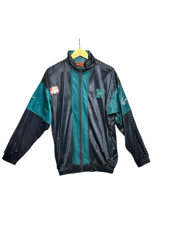 OutOf10 vintage Nike full zip track jacket in black and teal with embroidered N logo and star pattern sleeve details.