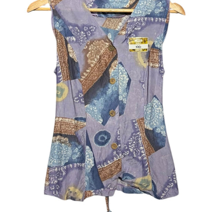 OutOf10 vintage sleeveless button-down vest in lavender, blue, and brown patchwork print with a tie-back hem.