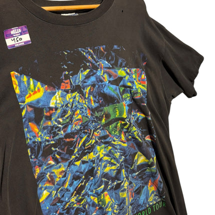 OutOf10 vintage black Paul McCartney The New World Tour cotton t-shirt with a vibrant abstract graphic print.