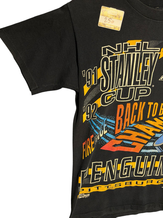 OutOf10 vintage black Pittsburgh Penguins 1991-1992 Stanley Cup championship cotton t-shirt with vibrant graphic print.