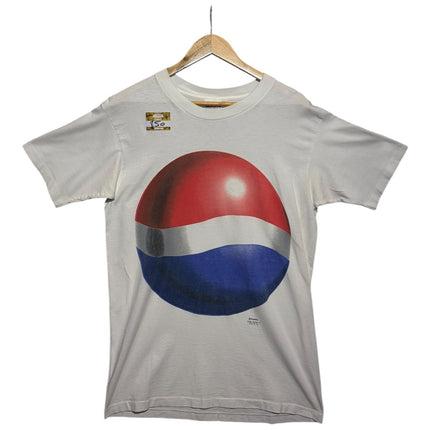 OutOf10 vintage white cotton crewneck t-shirt featuring a large retro Pepsi globe logo graphic on the front