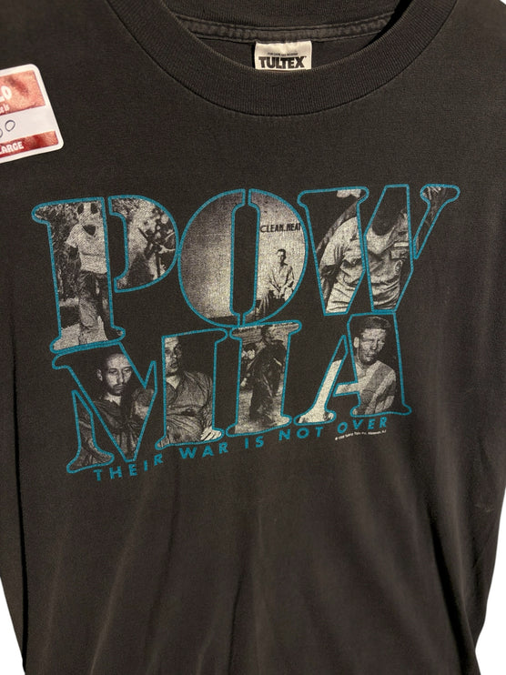 OutOf10 vintage 1998 black cotton t-shirt with distressed POW MIA graphic print and teal outline detail.