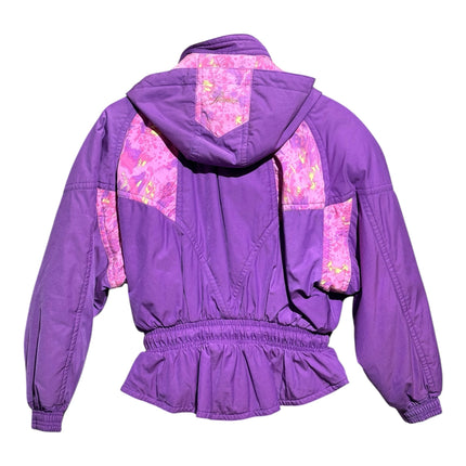 OutOf10 vintage purple ski jacket with pink and yellow floral pattern, featuring a hood and elasticated waist.