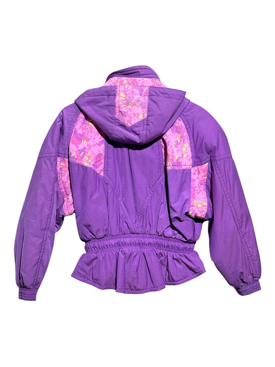 OutOf10 vintage purple ski jacket with pink and yellow floral pattern, featuring a hood and elasticated waist.