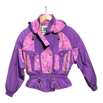 OutOf10 vintage 80s purple ski jacket with pink and yellow floral pattern, hooded design, and gold-tone hardware.