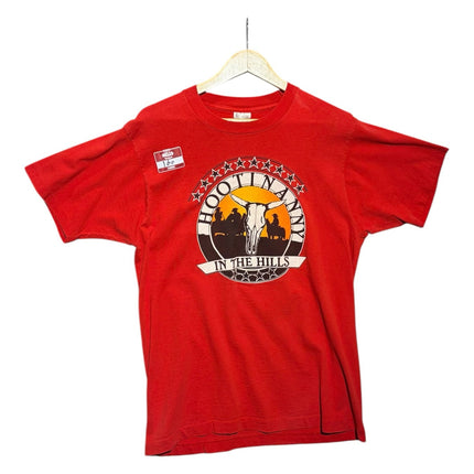 OutOf10 vintage 1992 red cotton graphic t-shirt featuring a steer skull Hootinanny in the Hills concert design