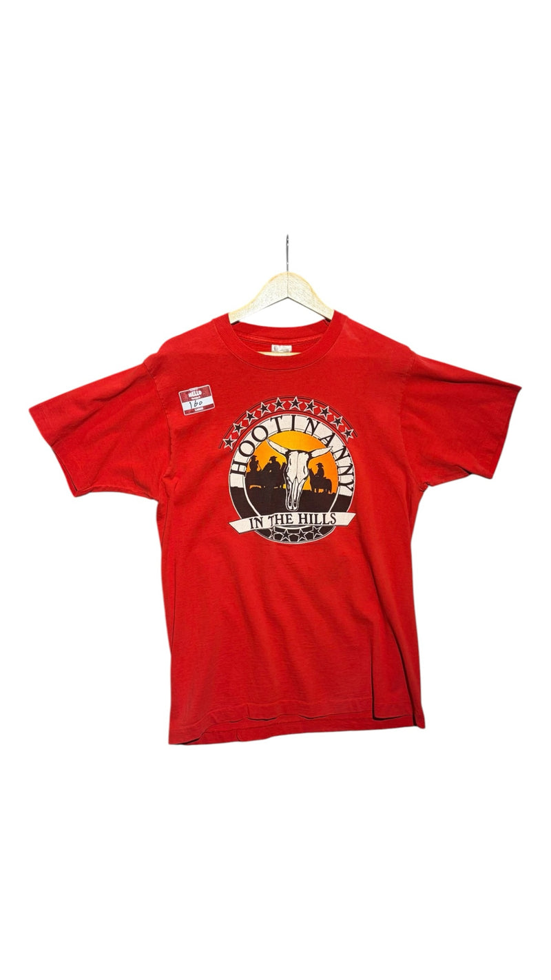 OutOf10 vintage 1992 red cotton graphic t-shirt featuring a steer skull Hootinanny in the Hills concert design