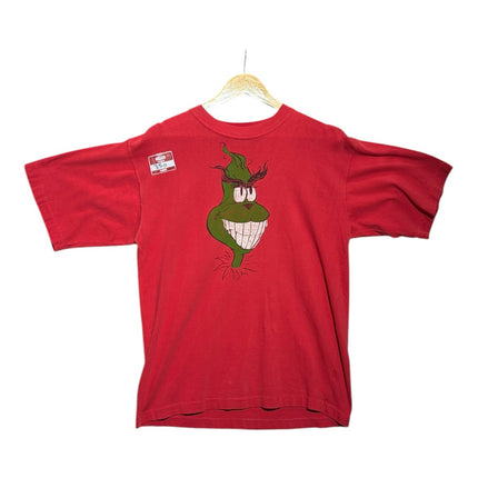 OutOf10 vintage red short sleeve crewneck t-shirt featuring a green Grinch graphic illustration on the chest.
