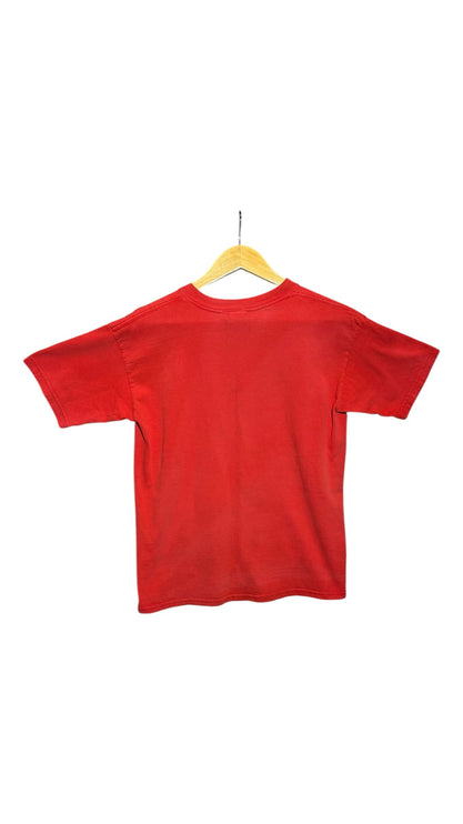 OutOf10 vintage red short sleeve t-shirt with a plain back, hanging on a wooden hanger against a white background.