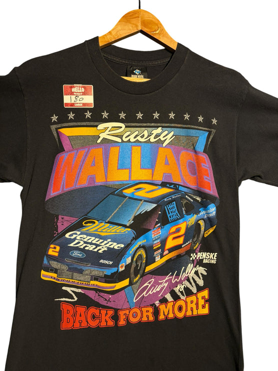 OutOf10 vintage black cotton NASCAR graphic t-shirt featuring Rusty Wallace and Miller Genuine Draft race car print