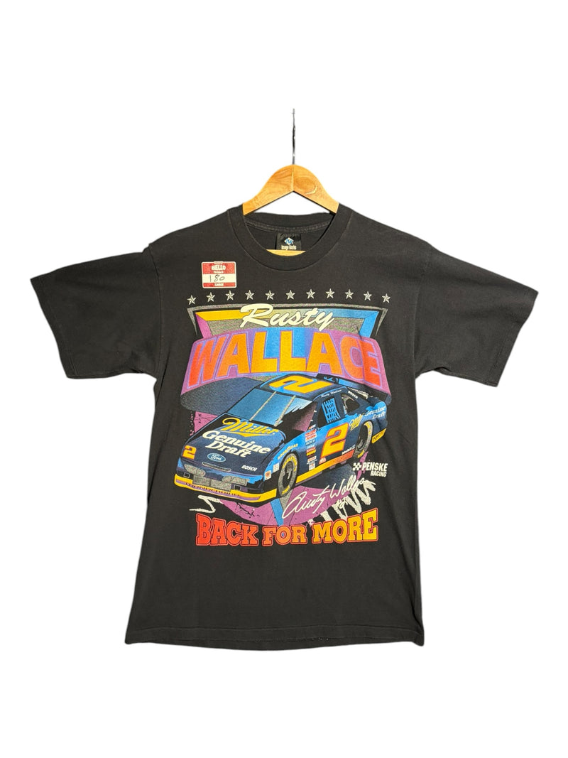 OutOf10 vintage black cotton NASCAR graphic t-shirt featuring Rusty Wallace and his No. 2 Miller Genuine Draft car.