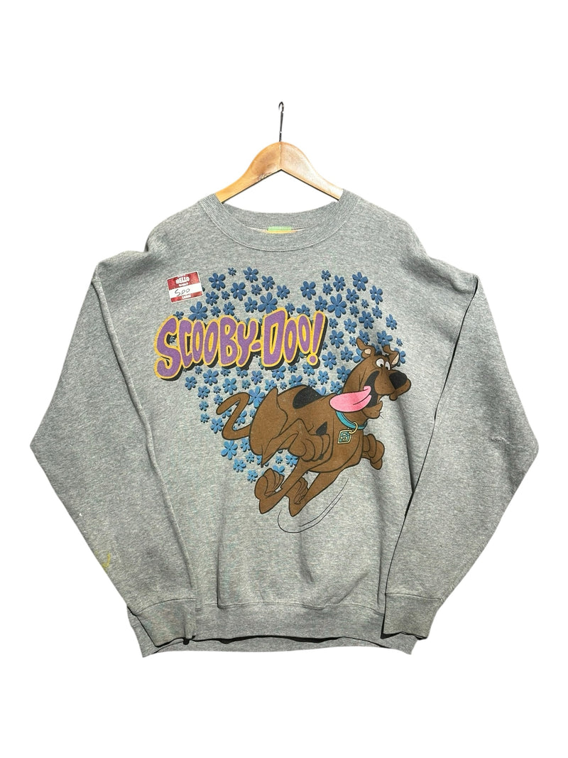 OutOf10 vintage grey cotton-blend crewneck sweatshirt featuring a Scooby-Doo graphic and blue flower pattern.