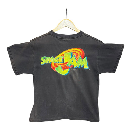 OutOf10 vintage black Space Jam t-shirt featuring a colorful graphic logo on the back, hanging on a wooden hanger.
