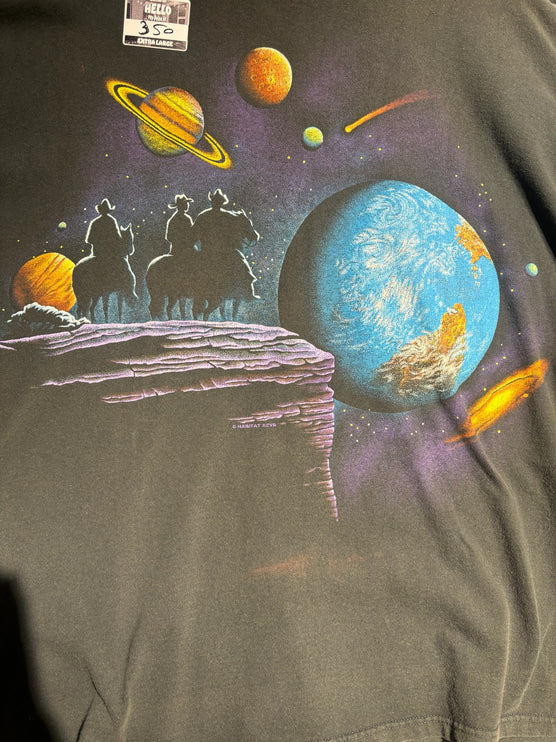 OutOf10 vintage washed-black cotton t-shirt featuring a space-western graphic of cowboys on a planet landscape