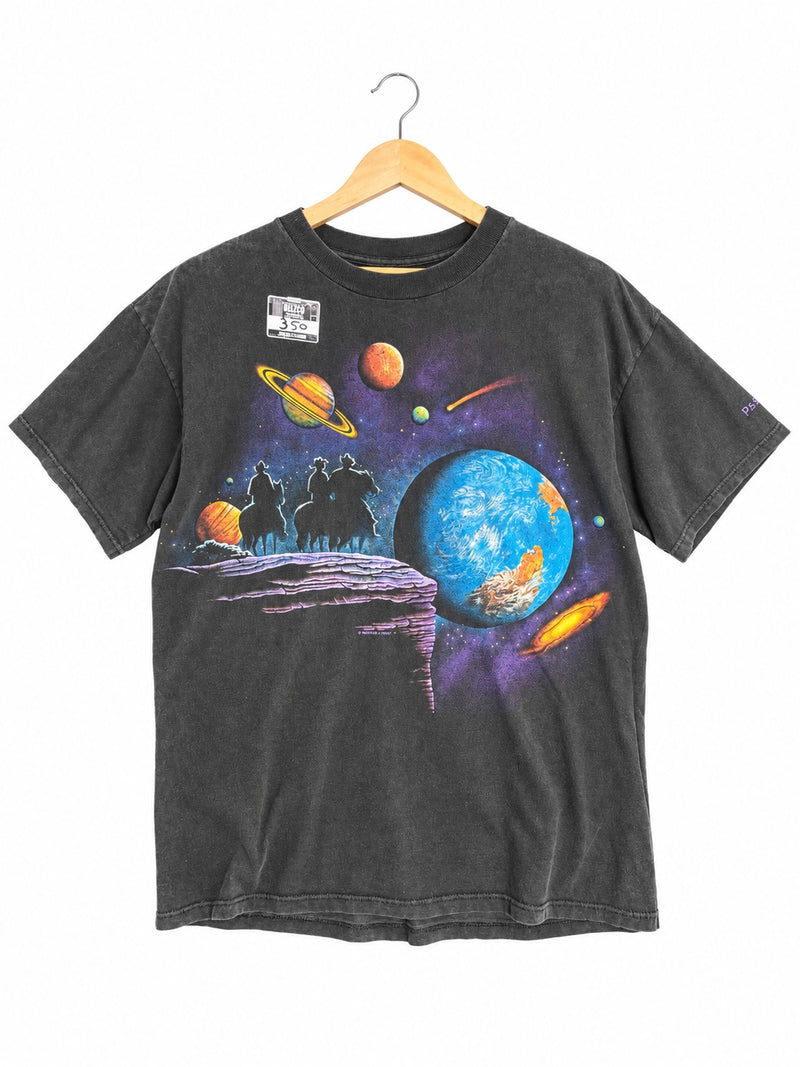 OutOf10 vintage washed-black cotton t-shirt featuring a space-western graphic of cowboys and planets on a hanger.