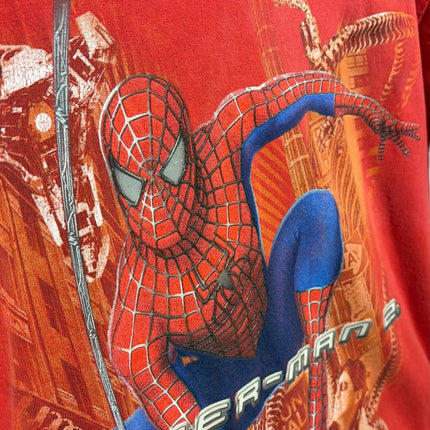 OutOf10 vintage red Spider-Man 2 graphic t-shirt featuring a dynamic print of Spider-Man and Doctor Octopus.