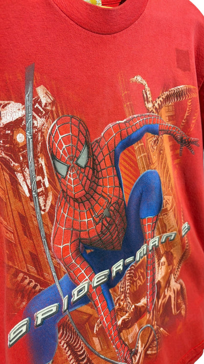 OutOf10 vintage red Spider-Man 2 graphic t-shirt featuring a dynamic print of Spider-Man and Doctor Octopus.