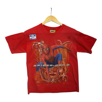 OutOf10 vintage red Spider-Man 2 graphic t-shirt with Doctor Octopus print, crew neck, and short sleeves.