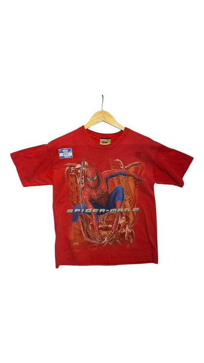 OutOf10 vintage red Spider-Man 2 graphic t-shirt with Doctor Octopus print, crew neck, and short sleeves.