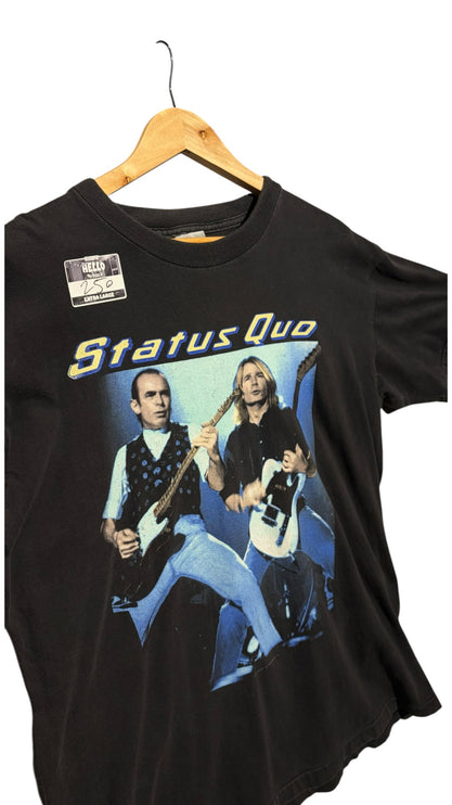 OutOf10 vintage black cotton Status Quo band tour t-shirt with a graphic print of the duo playing guitars
