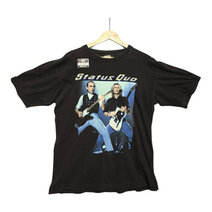 OutOf10 vintage black cotton Status Quo band tour graphic t-shirt with front print of the duo playing guitars