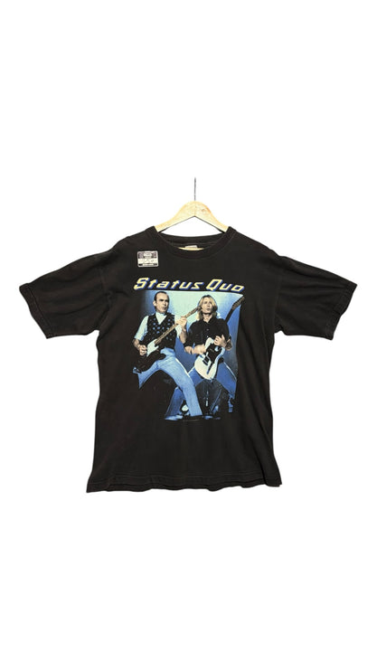 OutOf10 vintage black cotton Status Quo band tour graphic t-shirt with front print of the duo playing guitars