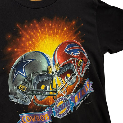 OutOf10 vintage black cotton t-shirt featuring a Super Bowl XXVIII graphic with Dallas Cowboys and Buffalo Bills helmets
