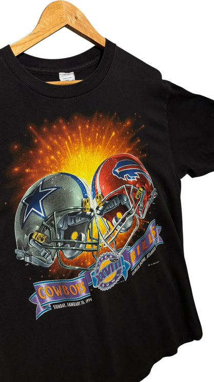 OutOf10 vintage black cotton t-shirt featuring a Super Bowl XXVIII graphic with Dallas Cowboys and Buffalo Bills helmets