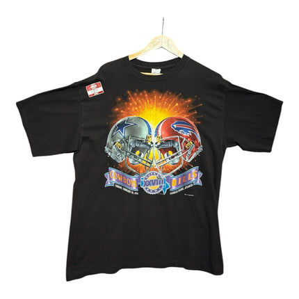 OutOf10 vintage black cotton t-shirt featuring a Super Bowl XXVIII Dallas Cowboys and Buffalo Bills graphic print.