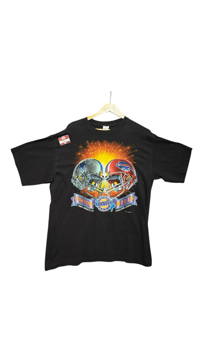OutOf10 vintage black cotton t-shirt featuring a Super Bowl XXVIII Dallas Cowboys and Buffalo Bills graphic print.