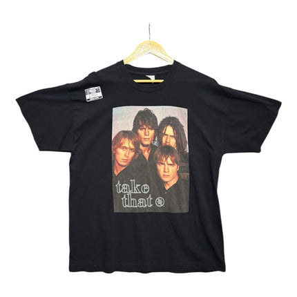 OutOf10 vintage black cotton crewneck t-shirt featuring a 1995 Take That band graphic print on the front