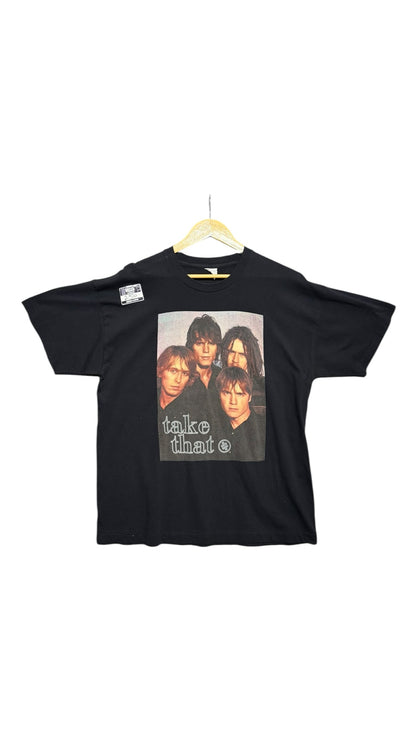 OutOf10 vintage black cotton crewneck t-shirt featuring a 1995 Take That band graphic print on the front