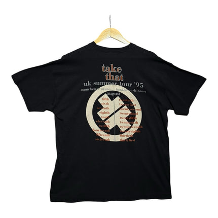 OutOf10 vintage black Take That 1995 UK summer tour cotton t-shirt with back graphic print on a wooden hanger