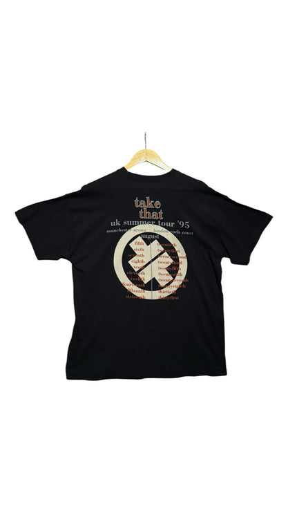 OutOf10 vintage black Take That 1995 UK summer tour cotton t-shirt with back graphic print on a wooden hanger