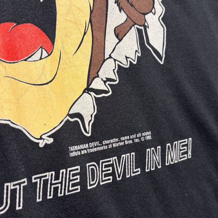 OutOf10 black cotton t-shirt with a vintage 1992 Tasmanian Devil graphic and Brings Out The Devil In Me slogan