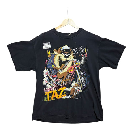 OutOf10 black crewneck t-shirt featuring a vintage The Wild Taz graphic of the Tasmanian Devil riding a motorcycle.