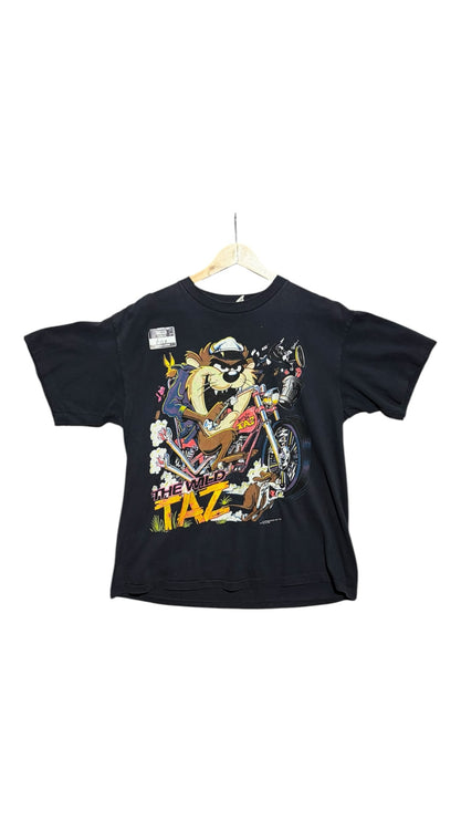 OutOf10 black crewneck t-shirt featuring a vintage The Wild Taz graphic of the Tasmanian Devil riding a motorcycle.