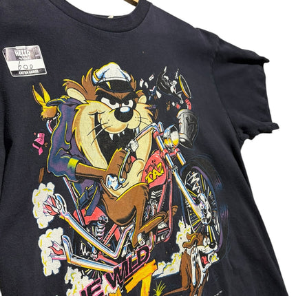 OutOf10 vintage black cotton t-shirt featuring a vibrant Tasmanian Devil graphic riding a chopper motorcycle