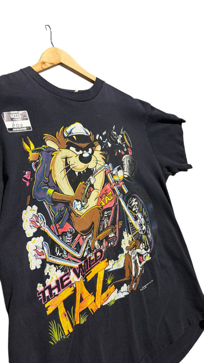 OutOf10 vintage black cotton t-shirt featuring a vibrant Tasmanian Devil graphic riding a chopper motorcycle