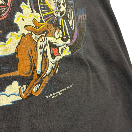 OutOf10 black cotton t-shirt featuring a 1991 vintage Tasmanian Devil graphic riding a chopper motorcycle