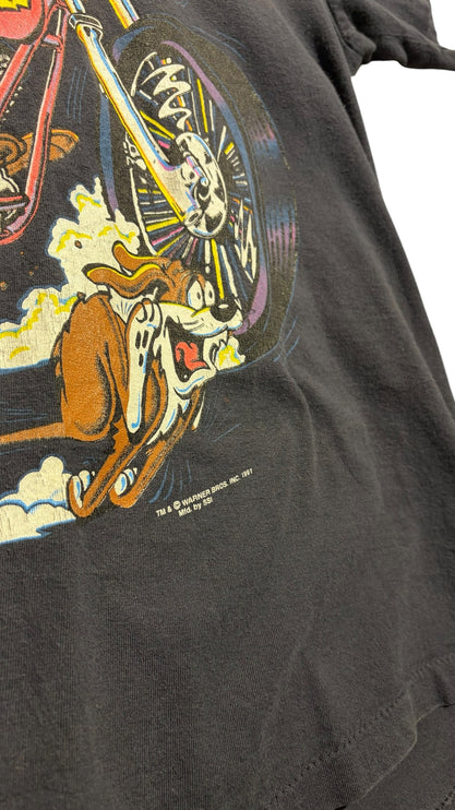 OutOf10 black cotton t-shirt featuring a 1991 vintage Tasmanian Devil graphic riding a chopper motorcycle