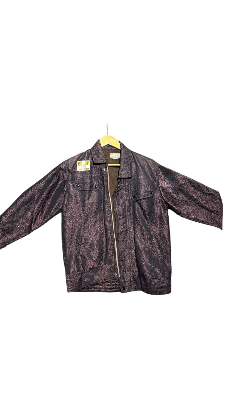 OutOf10 vintage textured full zip casual jacket in a dark metallic finish with a structured silhouette.
