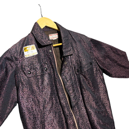 OutOf10 vintage textured full zip casual jacket in dark metallic purple with utility-inspired snap-button pockets.