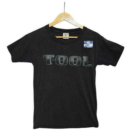 OutOf10 black vintage Tool band graphic t-shirt with a distressed metallic logo on the front, hanging on a hanger.
