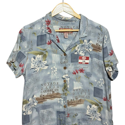 OutOf10 vintage blue short sleeve button down shirt with tropical floral print, island landscapes, and script text.