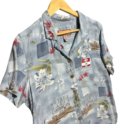 OutOf10 vintage-inspired blue short sleeve button down shirt with tropical floral print and script typography