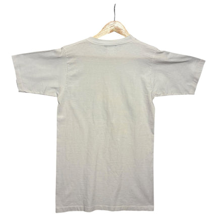 OutOf10 vintage white Formula One racing graphic t-shirt hanging on a wooden hanger, back view.