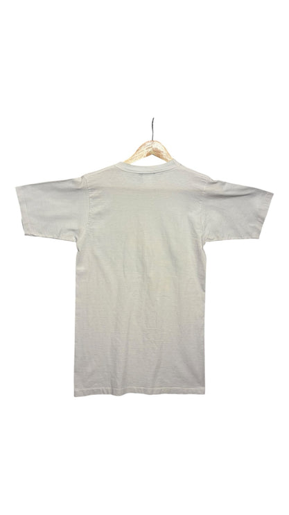 OutOf10 vintage white Formula One racing graphic t-shirt hanging on a wooden hanger, back view.